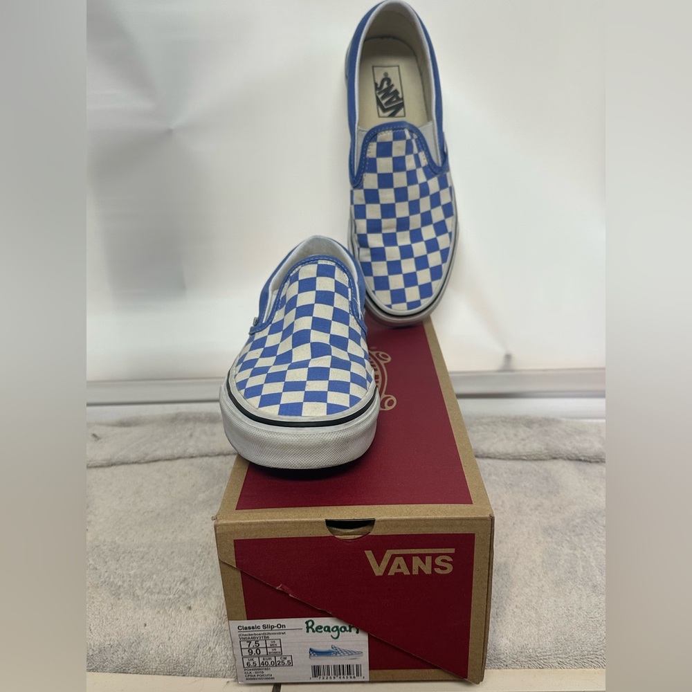 Vans Blue & White Checkerboard Slip-On Sneakers Unisex Men 7.5 Women 9 EUC
